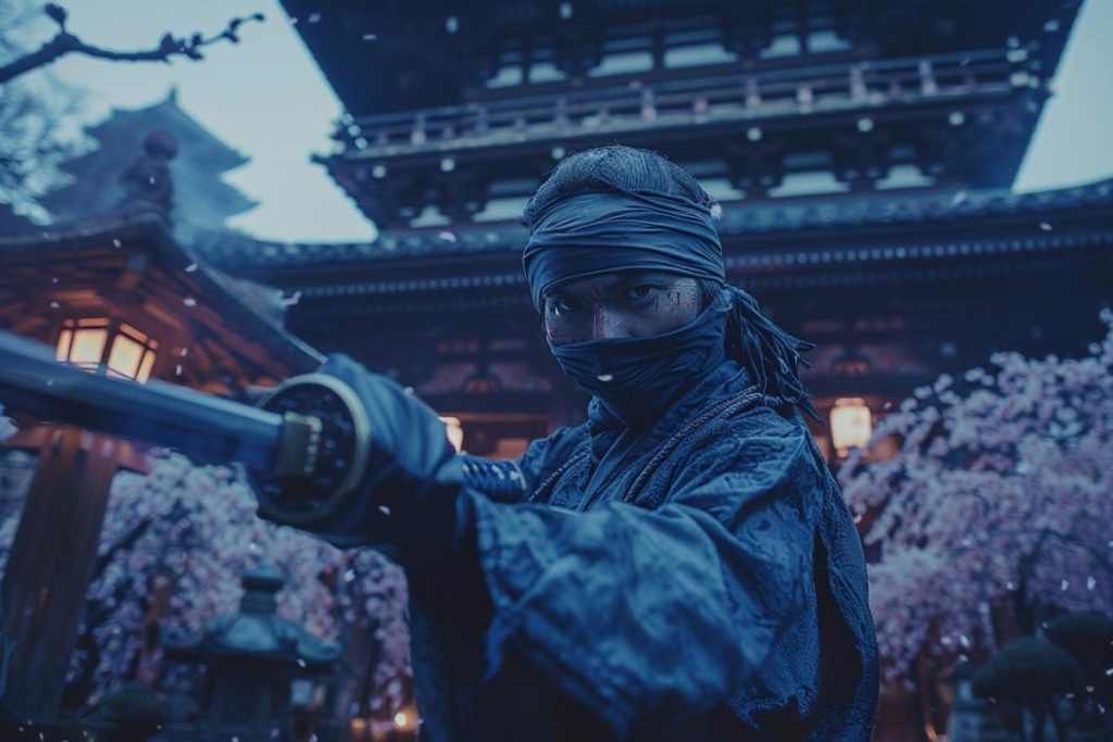 Un ninja vêtu de vêtements sombres et d'un masque brandit une épée devant un bâtiment japonais traditionnel avec des fleurs de cerisier.