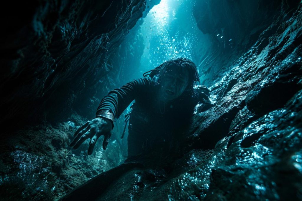 Une personne est vue sous l’eau dans une crevasse étroite et rocheuse avec de la lumière filtrant au-dessus. L’individu semble en détresse et tend un bras vers l’avant.
