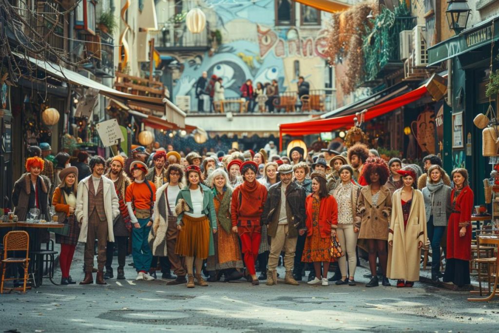 Un groupe diversifié de personnes vêtues de vêtements colorés se rassemblent au milieu d’une rue animée et décorée bordée de boutiques et de cafés.