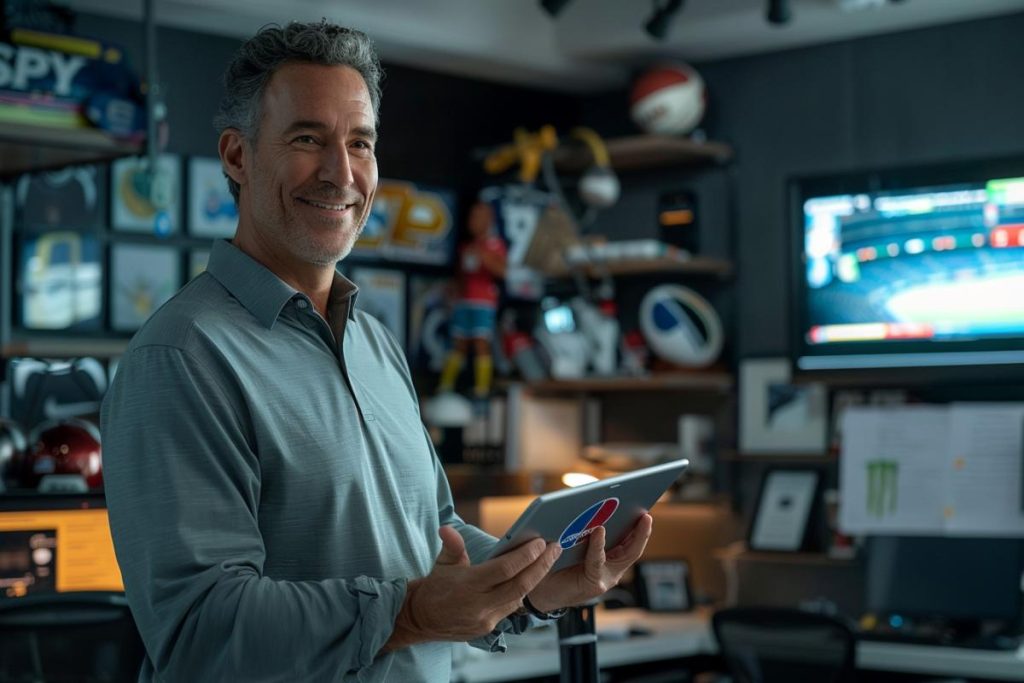 Un homme se tient dans un bureau sur le thème du sport, souriant et tenant une tablette. Une télévision diffusant un match de sport et des souvenirs sportifs sont visibles en arrière-plan.