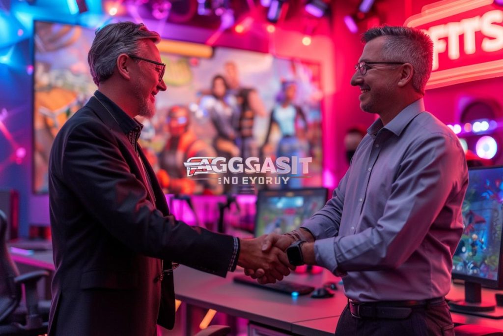 Deux hommes en tenue professionnelle se serrent la main dans un studio de jeu éclairé avec plusieurs écrans d'ordinateur affichant des graphiques de jeu en arrière-plan.