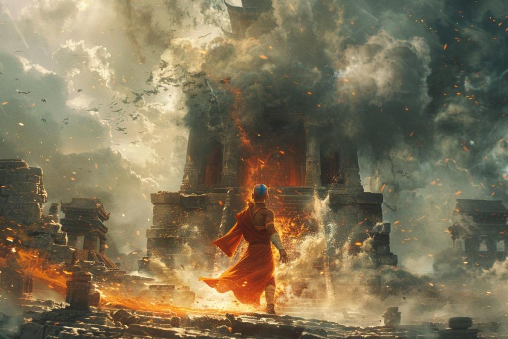 Un personnage vêtu d’une robe rouge se tient devant un temple en feu et en ruine, au milieu de la fumée et des braises volantes.
