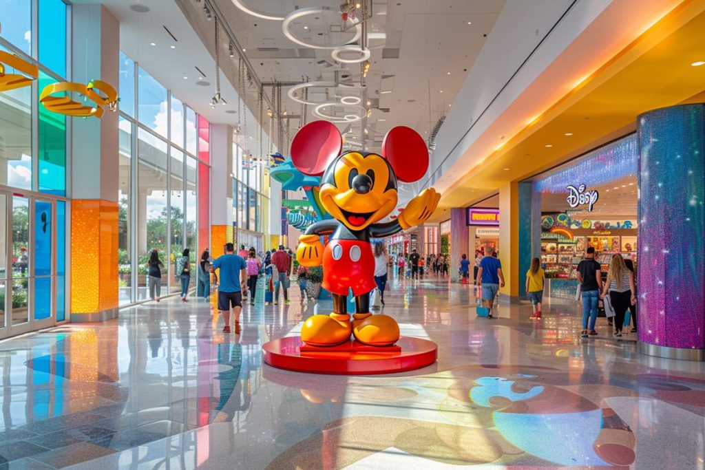 Une zone commerciale intérieure bien éclairée avec une grande statue d'un personnage de souris de dessin animé au centre avec des gens qui se promènent et plusieurs vitrines colorées en arrière-plan.