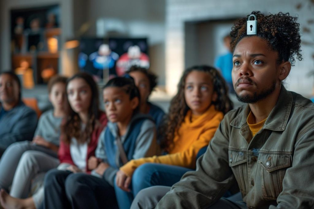 Un groupe de personnes assises ensemble sur un canapé, se concentrant attentivement. Une personne au premier plan a un symbole de cadenas imprimé sur son front.