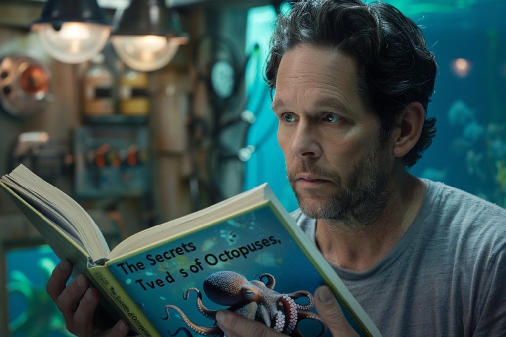 Un homme vêtu d'une chemise grise lit un livre intitulé "Les secrets des poulpes" dans une pièce avec des équipements marins et des illustrations de poulpes en arrière-plan.