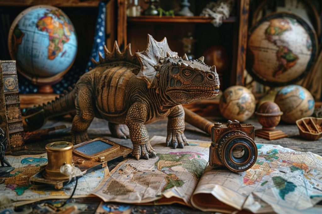 Une figurine de dinosaure détaillée se trouve sur une table parsemée de globes, de cartes, d'un vieil appareil photo et d'autres objets d'exploration vintage.