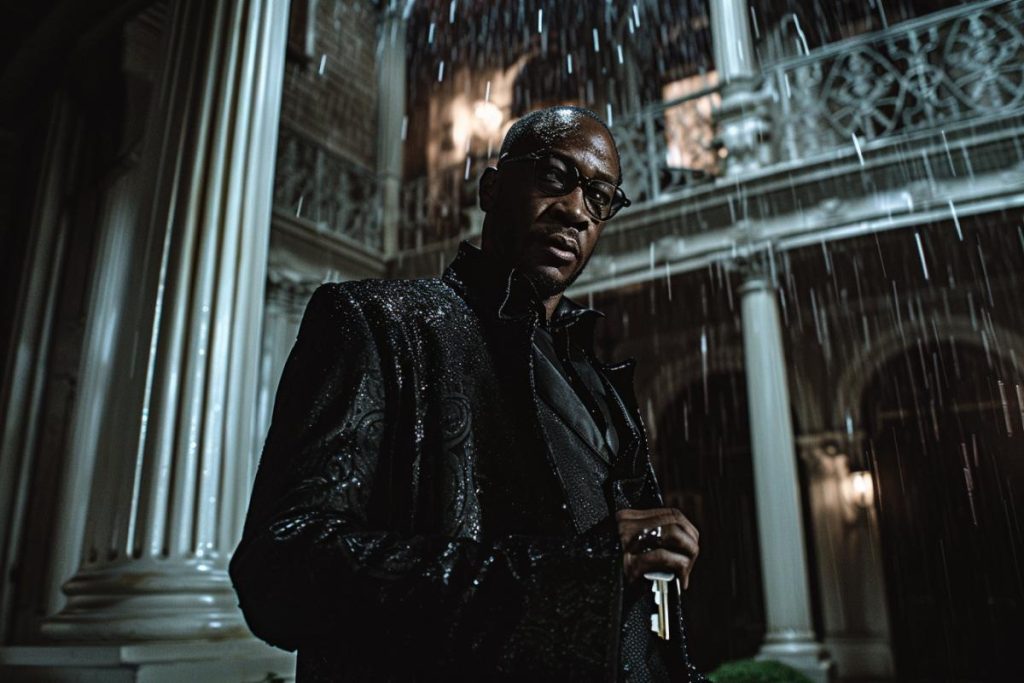 Une personne se tient devant un bâtiment complexe sous la pluie la nuit, portant des lunettes et un manteau sombre et détaillé, tenant un objet à la main.