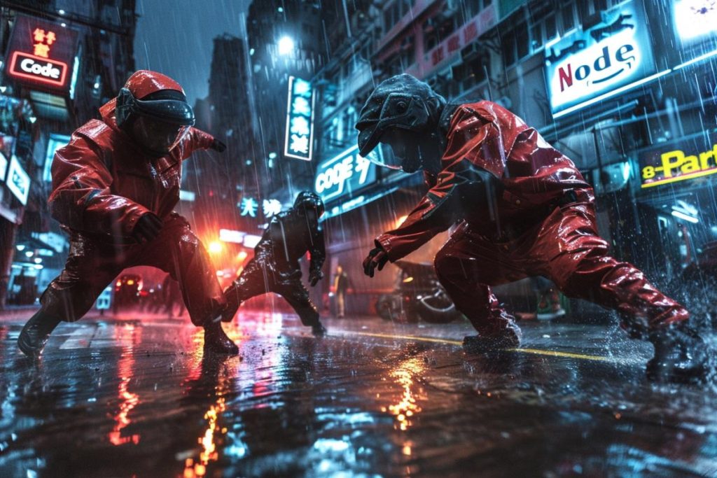 Trois personnes en combinaison de protection rouge s'engagent dans une impasse sous de fortes pluies dans une rue urbaine éclairée au néon la nuit.