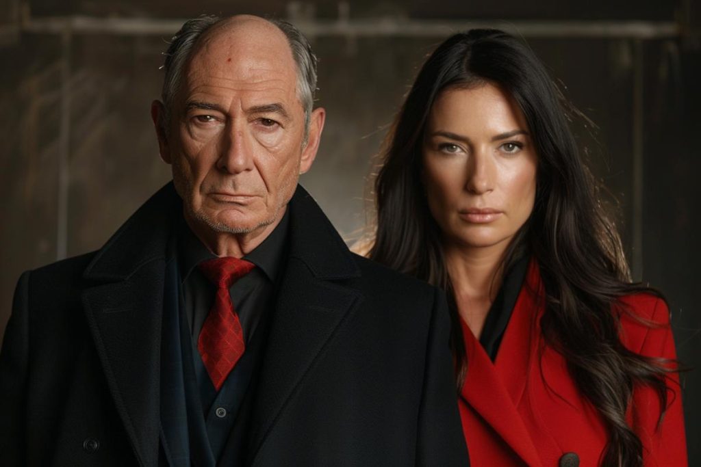 Un homme plus âgé vêtu d’un costume sombre et d’une cravate rouge se tient à côté d’une jeune femme vêtue d’un manteau rouge. Tous deux regardent directement la caméra avec des expressions sérieuses.