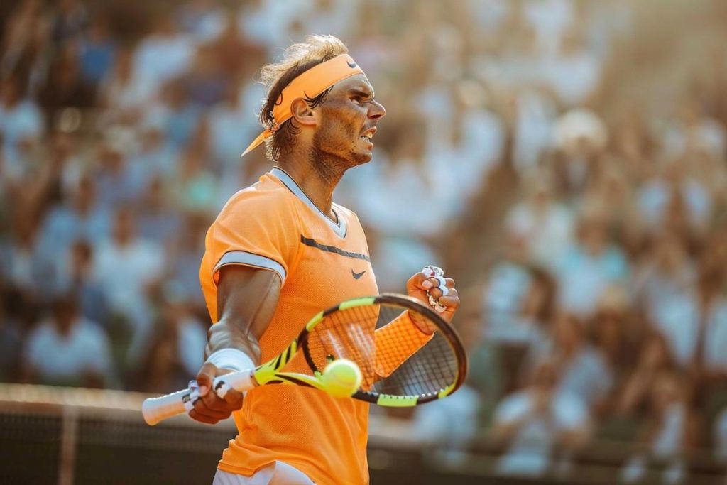 Un joueur de tennis en tenue orange tenant une raquette et semblant déterminé lors d'un match avec une foule en arrière-plan.