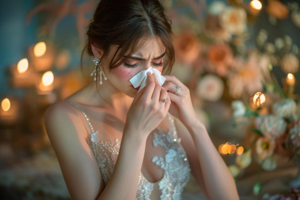 Une femme vêtue d’une robe élégante essuie ses larmes avec un mouchoir. Elle est entourée d'un éclairage d'ambiance doux et d'un décor floral.