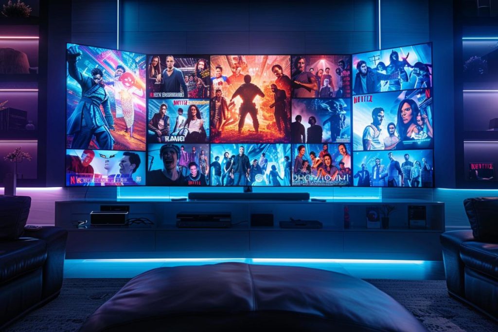 Un grand écran affiche une grille de diverses affiches de films et d’émissions de télévision dans une pièce faiblement éclairée avec un éclairage ambiant bleu.