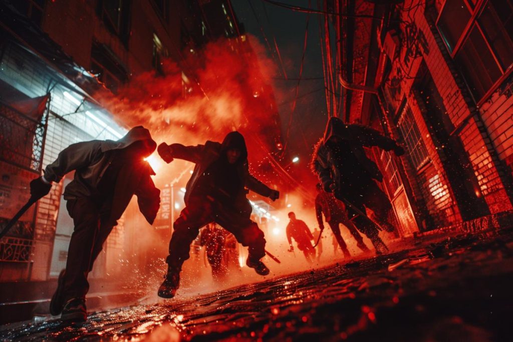Un groupe d’individus cagoulés traverse une rue faiblement éclairée, remplie de fumée et de lumière rouge.