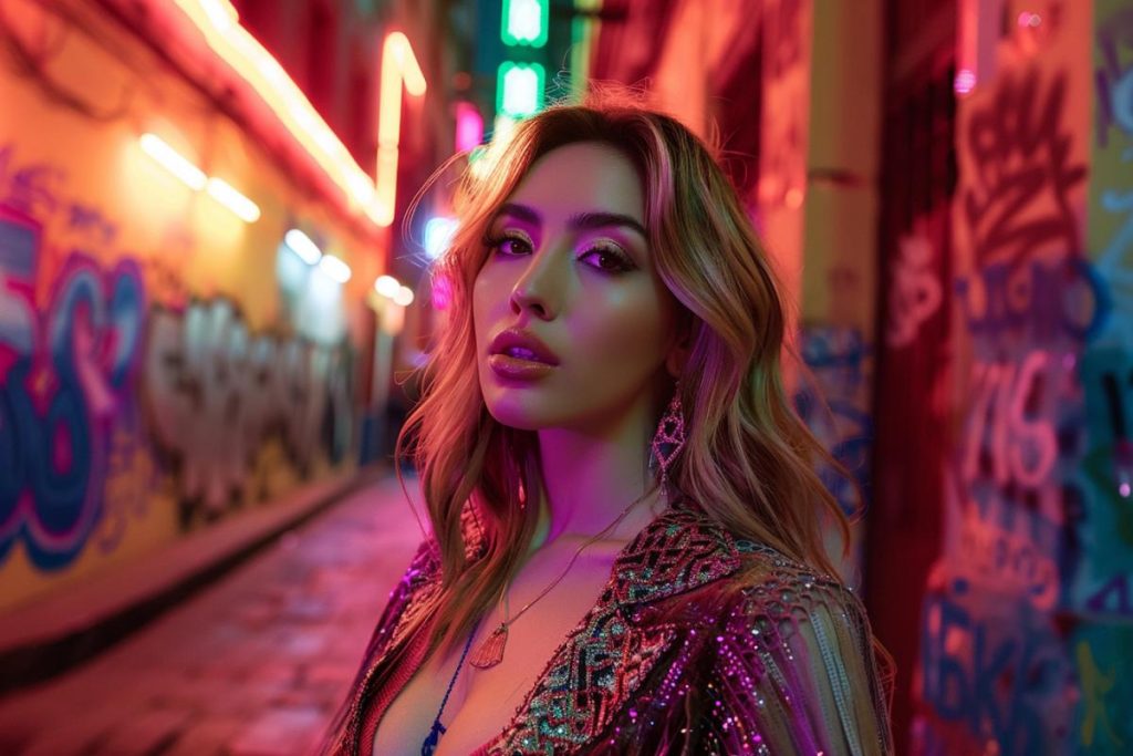 Une femme aux longs cheveux blonds se tient dans une ruelle éclairée au néon et ornée de graffitis. Elle porte une tenue à motifs et regarde directement la caméra.