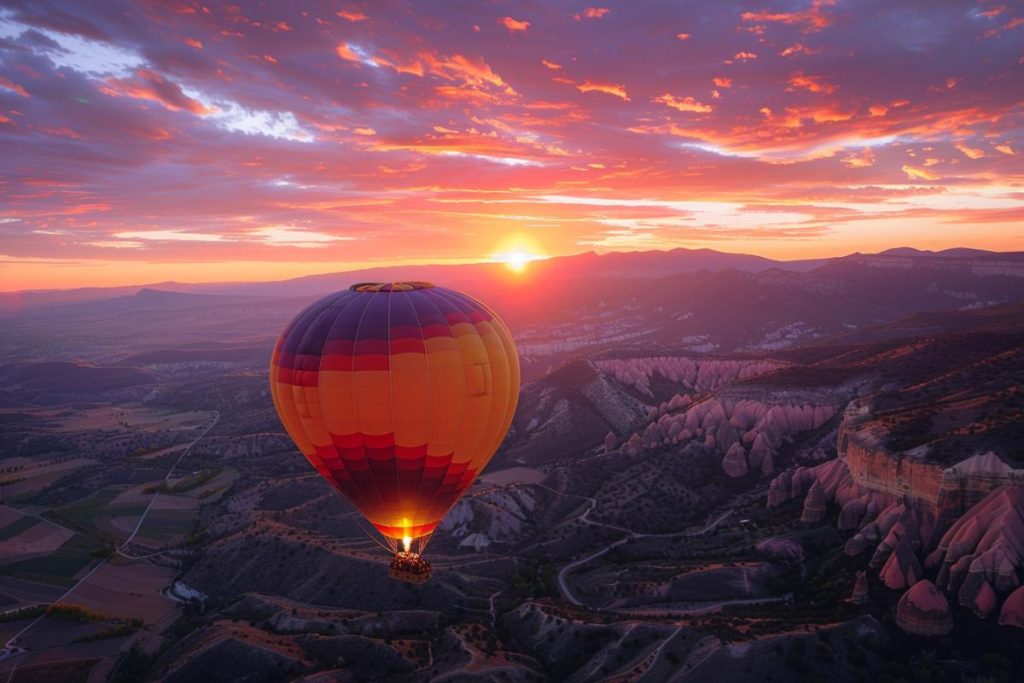 Une montgolfière flotte au-dessus d’un paysage montagneux au lever du soleil, avec des nuages colorés remplissant le ciel.