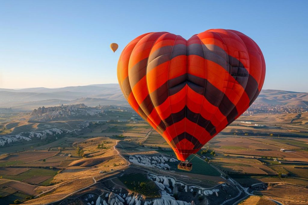 Une montgolfière rouge en forme de cœur flotte au-dessus d’un paysage pittoresque de vallées et de sommets de collines, avec un autre ballon visible au loin sous un ciel bleu clair.