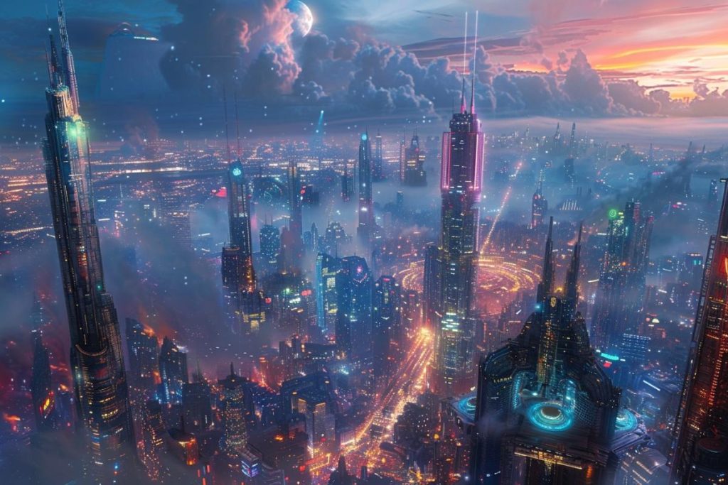 Un paysage urbain futuriste avec de grands gratte-ciel illuminés, des véhicules volants et des néons. L'horizon est enveloppé de brume sous un ciel partiellement nuageux avec une lune visible.