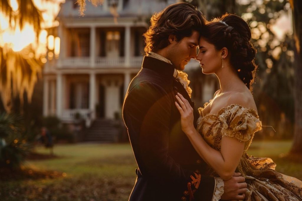 Un couple en vêtements d’époque se tient côte à côte, front contre front, devant une maison historique avec la chaude lumière du soleil filtrant à travers les arbres en arrière-plan.