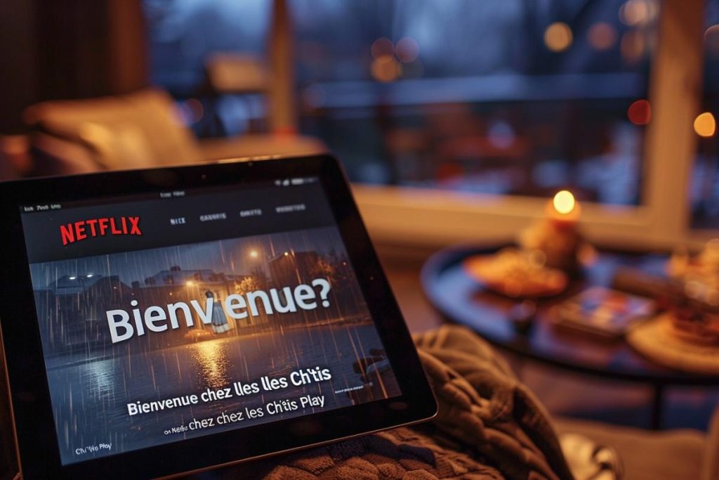 Une tablette affichant la page d’accueil de Netflix est posée sur un canapé douillet avec une couverture. L’arrière-plan montre un salon moderne faiblement éclairé et une fenêtre avec une vue extérieure en soirée.