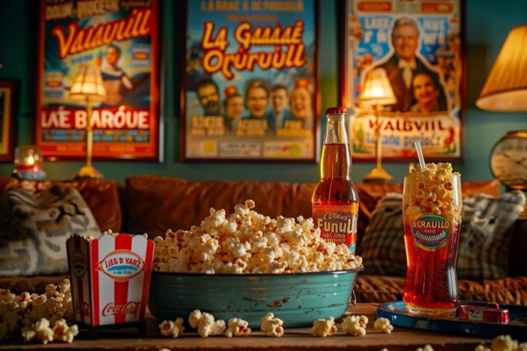 Un salon confortable avec un grand bol de pop-corn, une boisson en bouteille et un verre de soda. En arrière-plan se trouvent des affiches colorées, une boîte de pop-corn et des lampes apportant une lueur chaleureuse.
