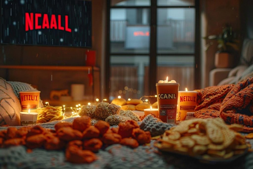 Salon confortable avec collations, bougies et guirlandes lumineuses. "NCAALL" s'affiche sur un téléviseur mural. Des tasses avec les étiquettes "NETZILX" et diverses collations remplissent la scène.