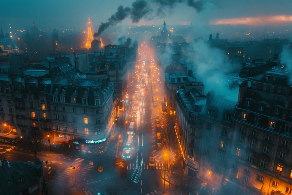 Une rue de la ville au crépuscule, éclairée par des lampadaires et des phares de véhicules, avec de la fumée s'élevant des bâtiments, sur fond de ciel crépusculaire brumeux.