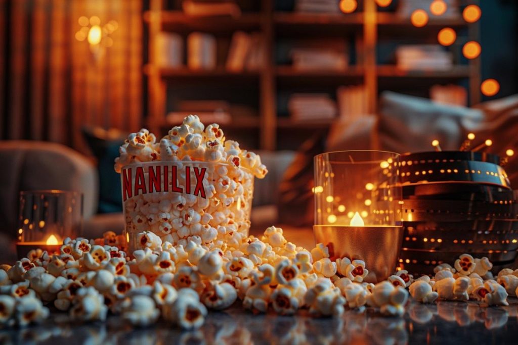 Un seau intitulé "NANILIX" rempli de pop-corn entouré d'autres pop-corn, de bougeoirs en verre et de bobines de film sur une surface, avec des lumières d'arrière-plan floues et des étagères.