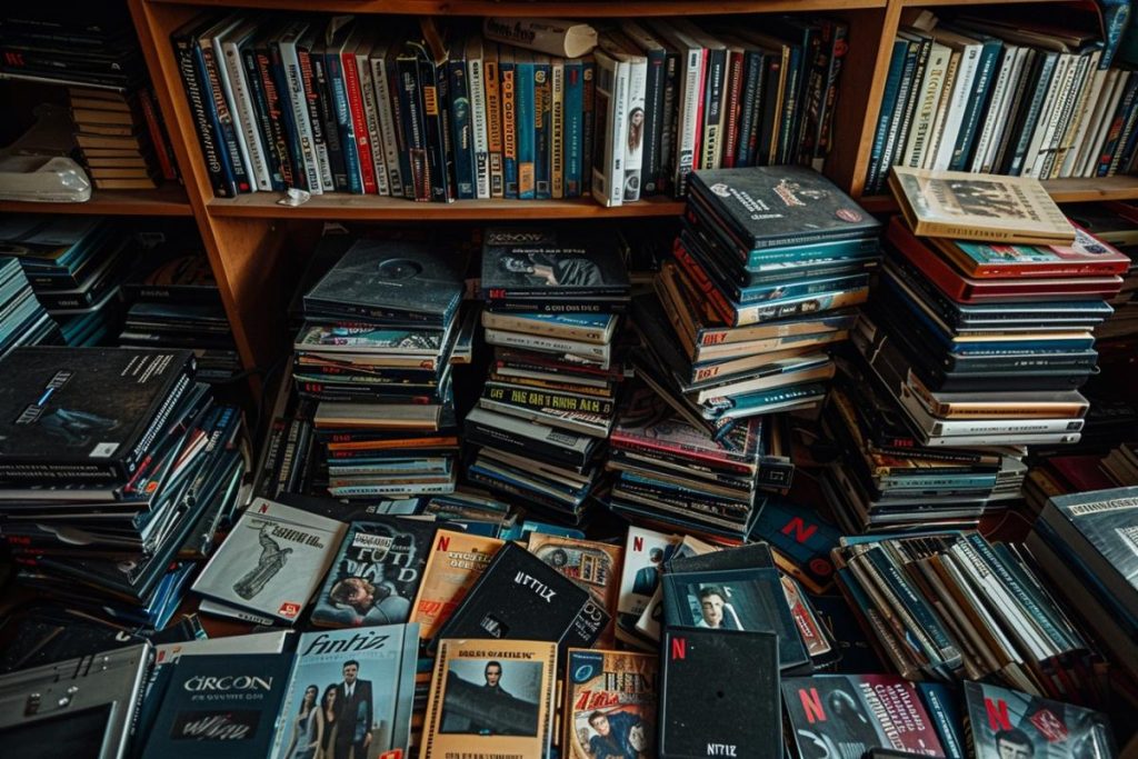 Une pièce encombrée de nombreux DVD empilés au hasard devant plusieurs étagères remplies de livres.