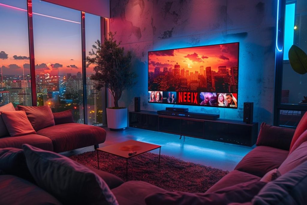 Un salon moderne avec une grande télévision au mur affichant un service de streaming. La pièce dispose d'un mobilier élégant, d'un éclairage vibrant et d'une vue panoramique sur la ville à travers des baies vitrées au crépuscule.
