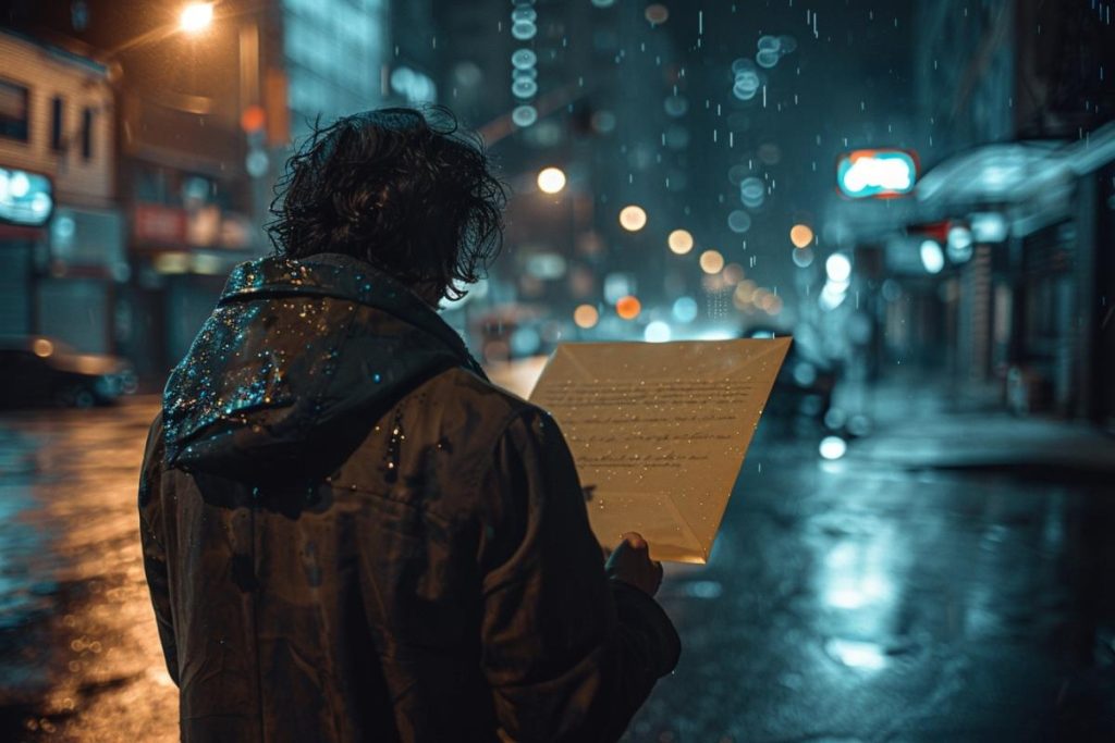 Une personne vêtue d’un imperméable lit un document dans une rue humide et faiblement éclairée par une nuit pluvieuse.