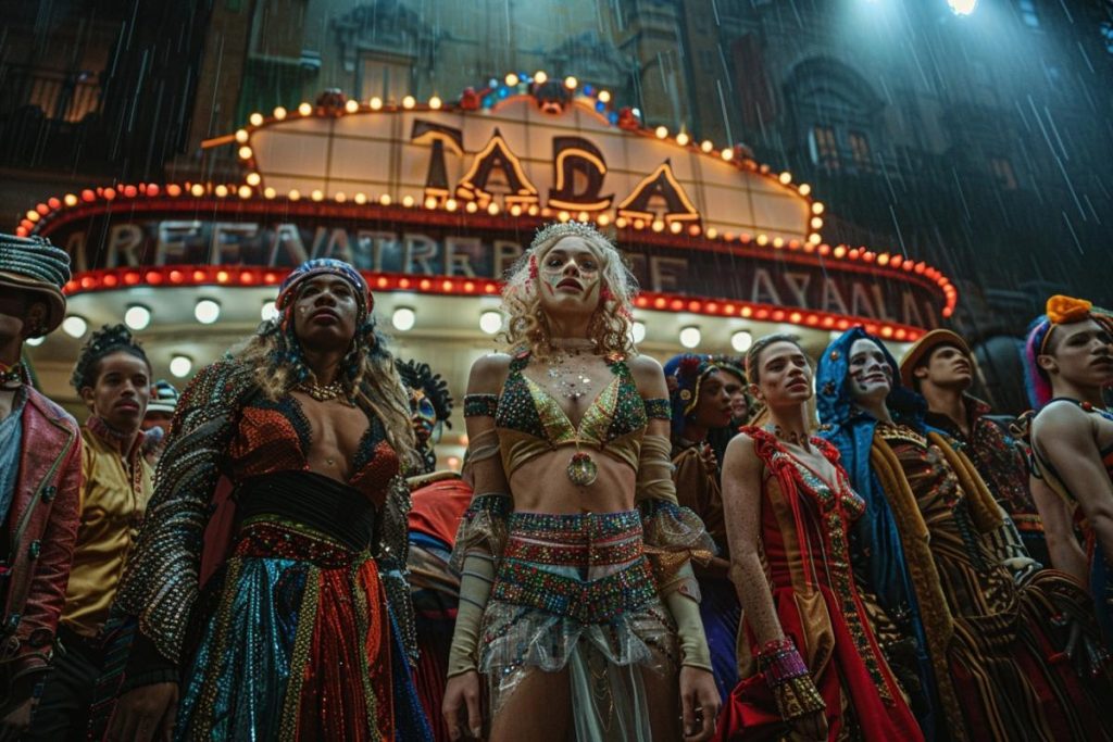 Un groupe de personnes vêtues de vêtements colorés et extravagants se tiennent devant un théâtre sous un chapiteau sur lequel est écrit « Nada » dans une rue détrempée par la pluie.