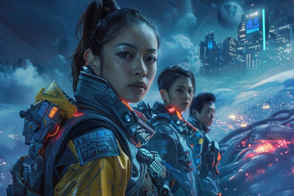 Trois personnes en tenue de combat futuriste se tiennent devant un paysage urbain éclairé au néon avec une lune dans le ciel et des structures lumineuses en arrière-plan.