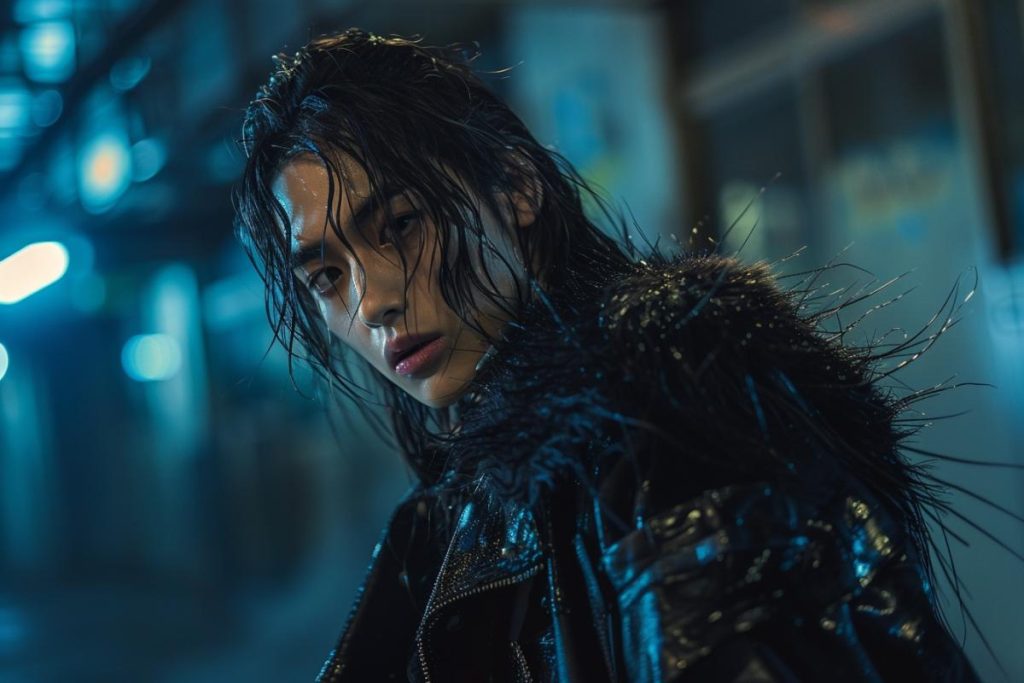 Personne aux cheveux mouillés portant une tenue en cuir noir dans un cadre urbain faiblement éclairé la nuit.