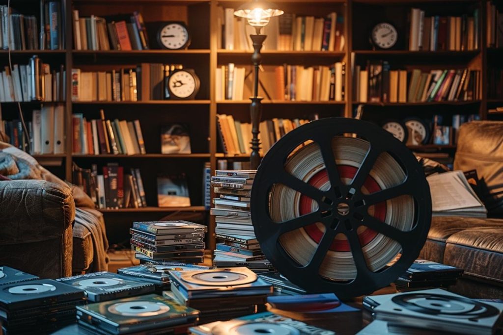 Une pièce cosy avec une grande bobine de film sur une table entourée de livres et de CD, éclairée par une lampe, avec des étagères en arrière-plan.