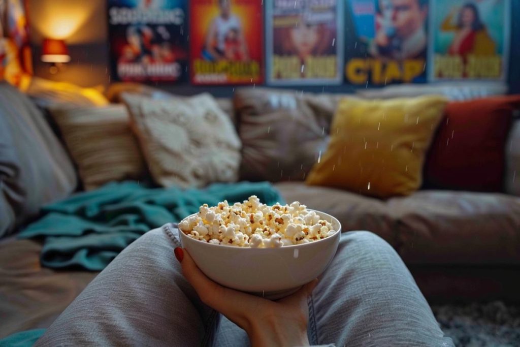 Une personne tenant un bol de pop-corn est assise sur un canapé dans une pièce confortable décorée d’affiches de films.