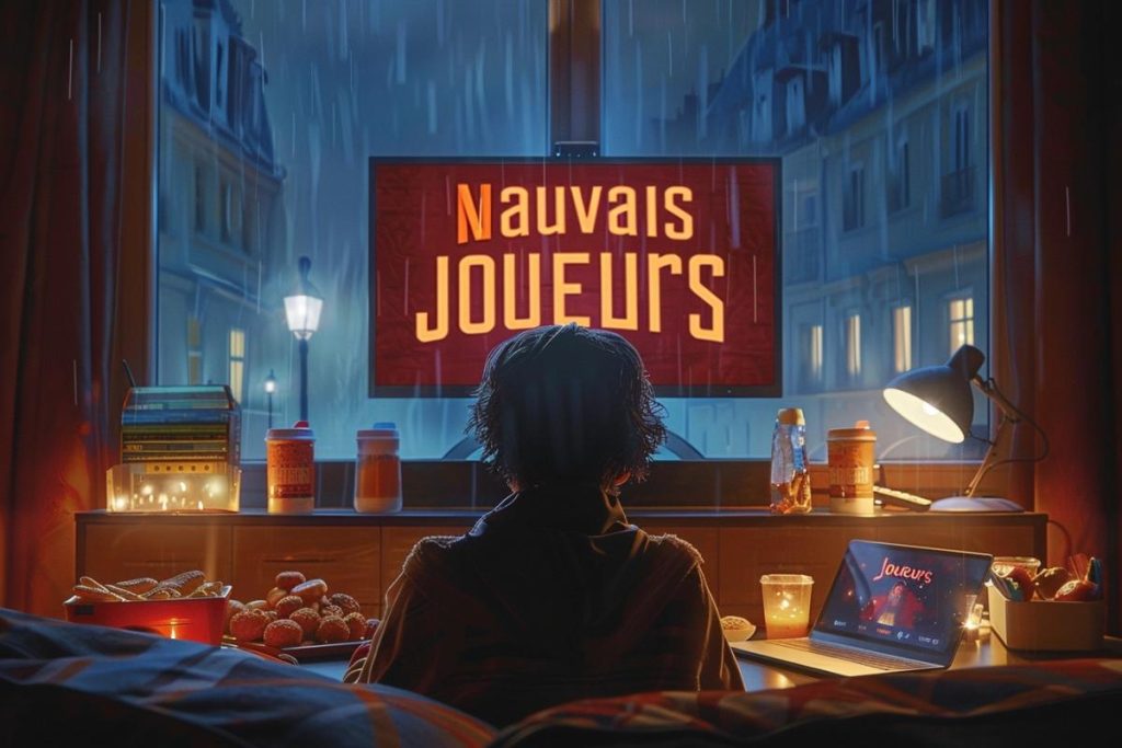 Une personne assise dans une pièce faiblement éclairée regarde un écran affichant "Mauvais Joueurs" alors qu'il pleut dehors. Une table devant eux contient des collations, des livres et un ordinateur portable affichant également le même écran.