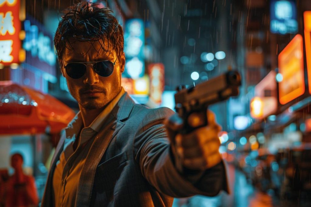 Un homme portant des lunettes de soleil et un costume pointe une arme à feu dans une rue de la ville éclairée au néon la nuit, sous la pluie.
