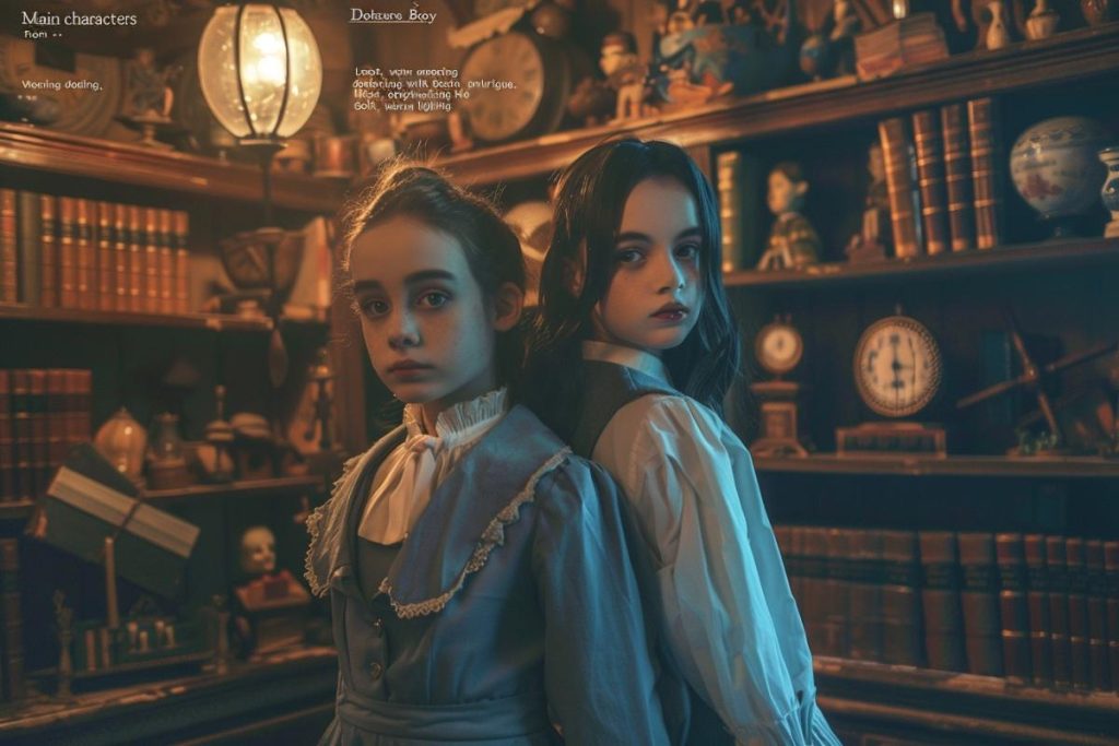 Deux filles vêtues de vêtements de l’époque victorienne se tiennent dos à dos dans une pièce faiblement éclairée et encombrée remplie de livres et de bibelots. Une fille regarde la caméra, tandis que l’autre regarde de côté.
