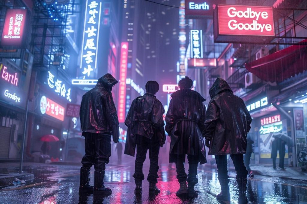 Quatre individus vêtus d'imperméables sombres se tiennent dans une rue mouillée la nuit, entourés d'enseignes au néon et de panneaux d'affichage lumineux dans un cadre urbain.