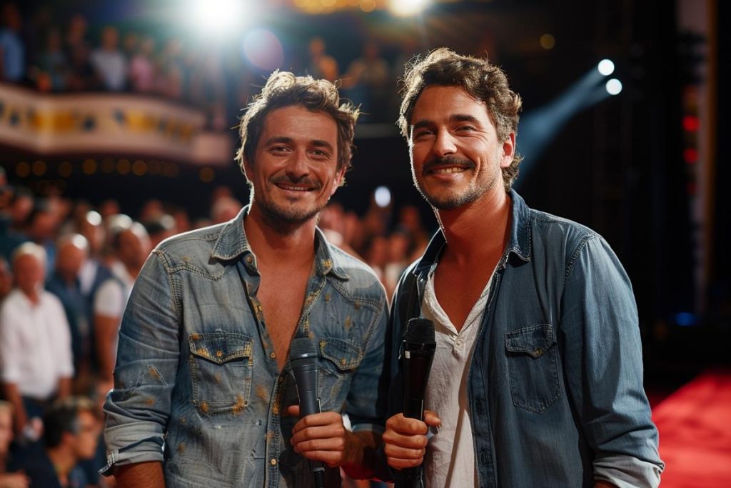 Deux hommes vêtus de chemises en jean tiennent des microphones alors qu'ils se tiennent sur une scène avec un public en arrière-plan. L'éclairage est vif et se concentre sur eux.