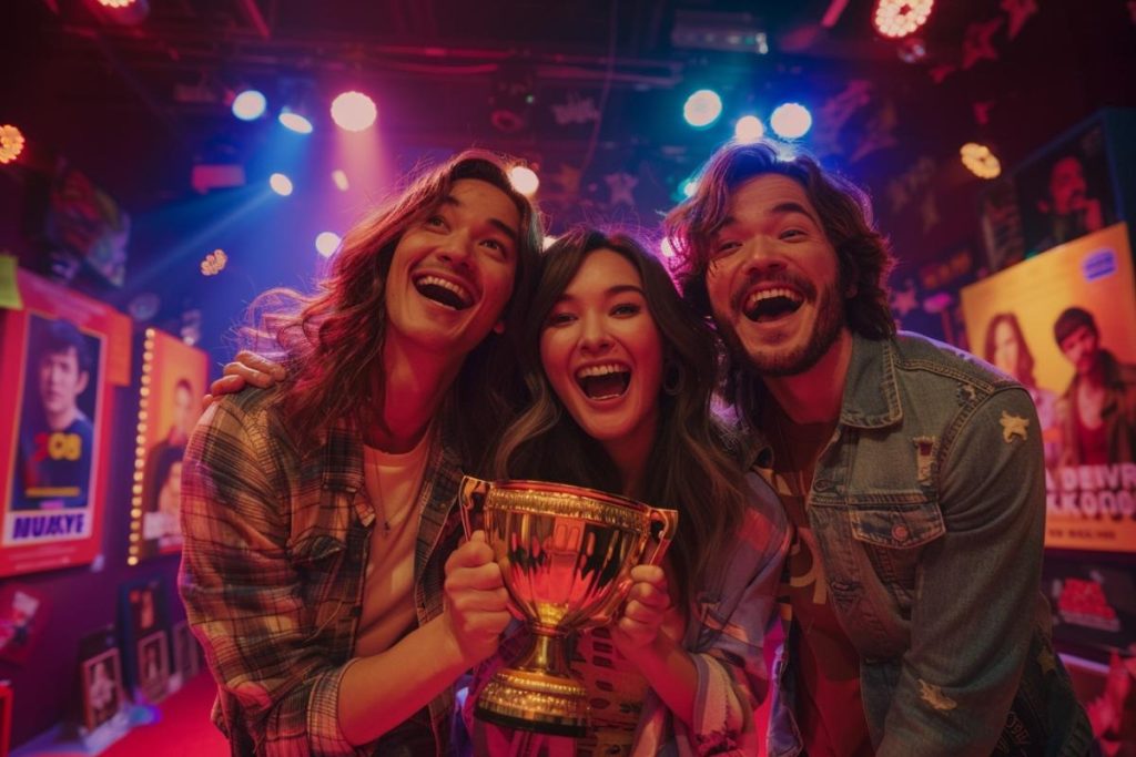 Trois personnes célèbrent en tenant un trophée au milieu de murs colorés ornés d'affiches et d'un éclairage de scène vibrant.
