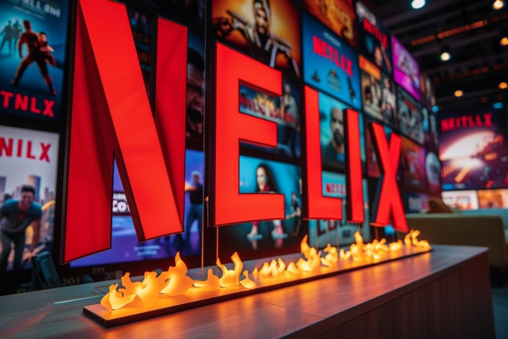 De grandes lettres rouges épelant « NELIX » se trouvent au sommet d'un présentoir avec des décorations de flammes à la base, avec une toile de fond colorée représentant diverses affiches de films et d'émissions de télévision.