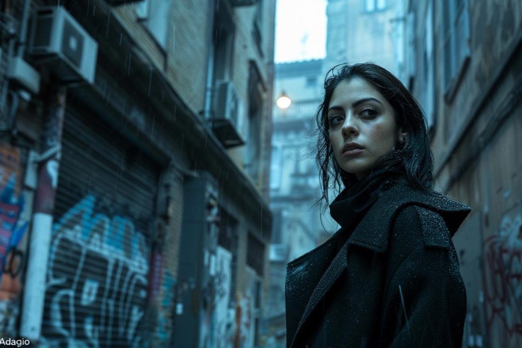 Une personne vêtue d’un manteau sombre se tient dans une ruelle étroite et couverte de graffitis, regardant sur le côté. La scène semble humide et couverte, avec de la pluie visible.