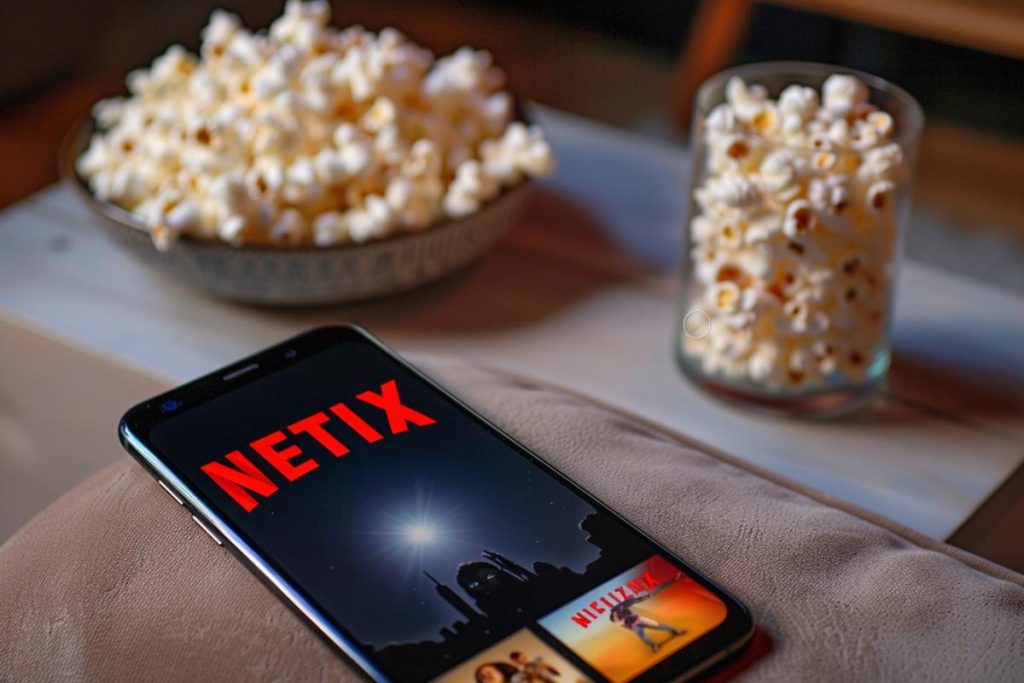 Un smartphone affichant l’application Netflix est placé à côté d’un bol et d’un verre de pop-corn sur une table.
