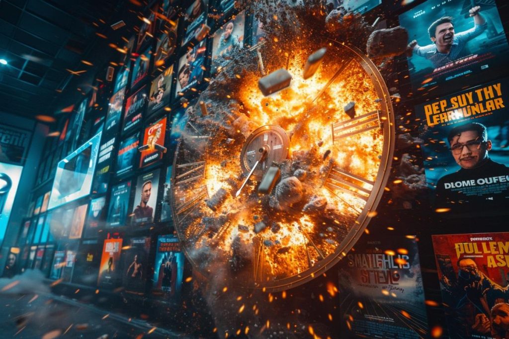 Une horloge se brise de manière explosive et des débris s'envolent devant un mur rempli d'affiches de films colorées.