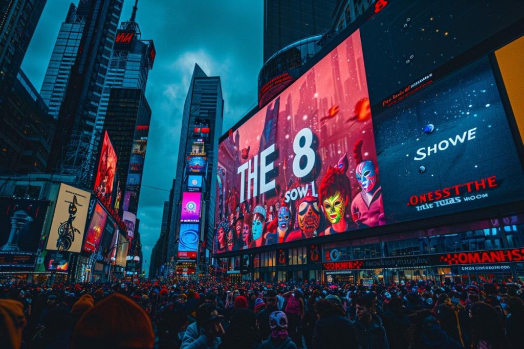 Une rue animée, bondée de monde et entourée de grands panneaux publicitaires bien éclairés la nuit.