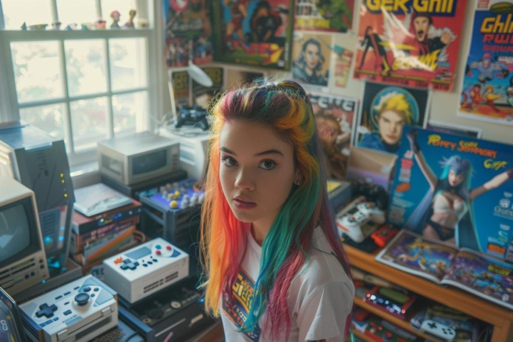 Une personne aux cheveux colorés se tient dans une pièce remplie de consoles de jeux rétro, d'affiches et de souvenirs.