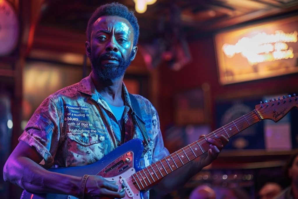 Une personne joue de la guitare électrique dans un environnement intérieur faiblement éclairé avec une expression réfléchie et concentrée. Des panneaux et des décorations sont visibles en arrière-plan.