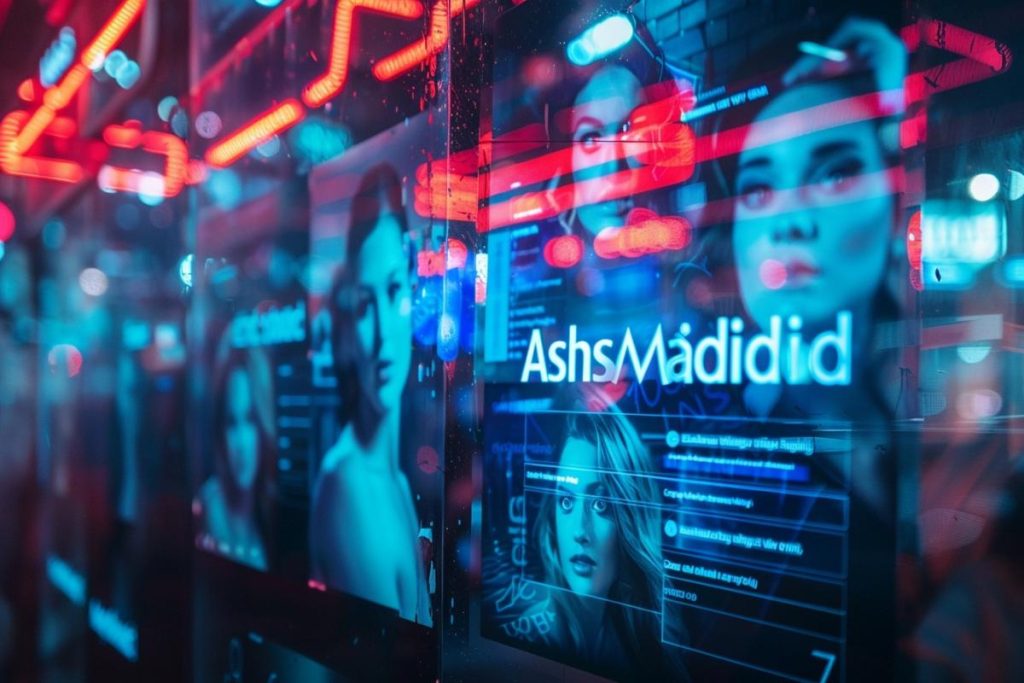 Écran éclairé au néon avec des profils numériques d'individus, y compris des images et du texte, sur fond de rue de ville avec des lumières rougeoyantes et bleues.