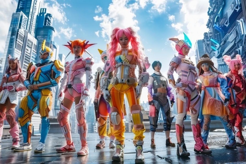 Un groupe d’individus vêtus de costumes futuristes colorés se rassemblent dans une rue de la ville avec de grands immeubles et un ciel bleu en arrière-plan.